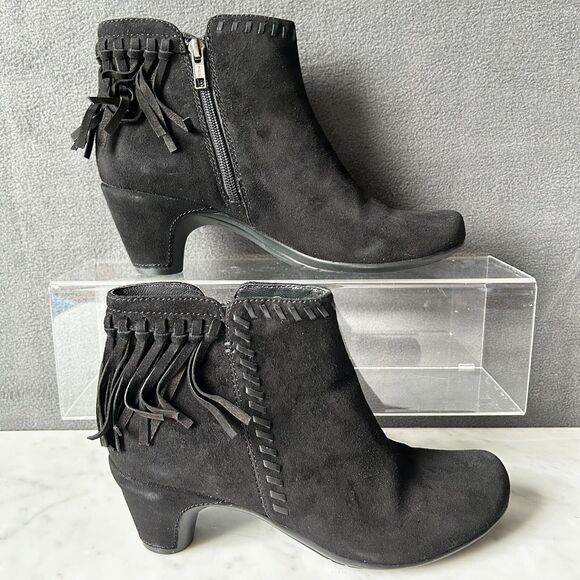 Earthies Zurich Black Suede Leather Booties Fringed Western - Women's Size 9 - Picture 2 of 9